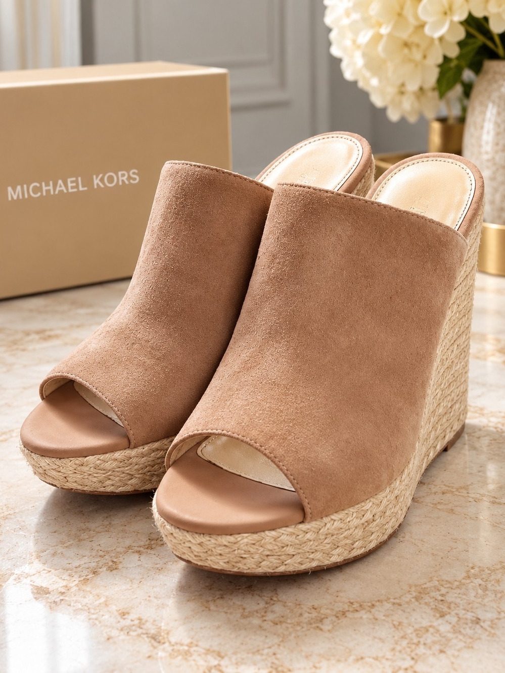 Michael Kors Tan Suede Espadrille Wedge Mules